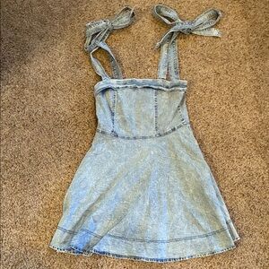Denim Mini Dress with Bow Straps